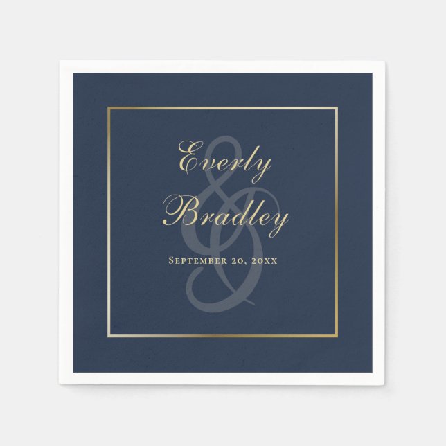 Elegantes Dark Navy Blue Gold Border Script Serviette (Vorderseite)