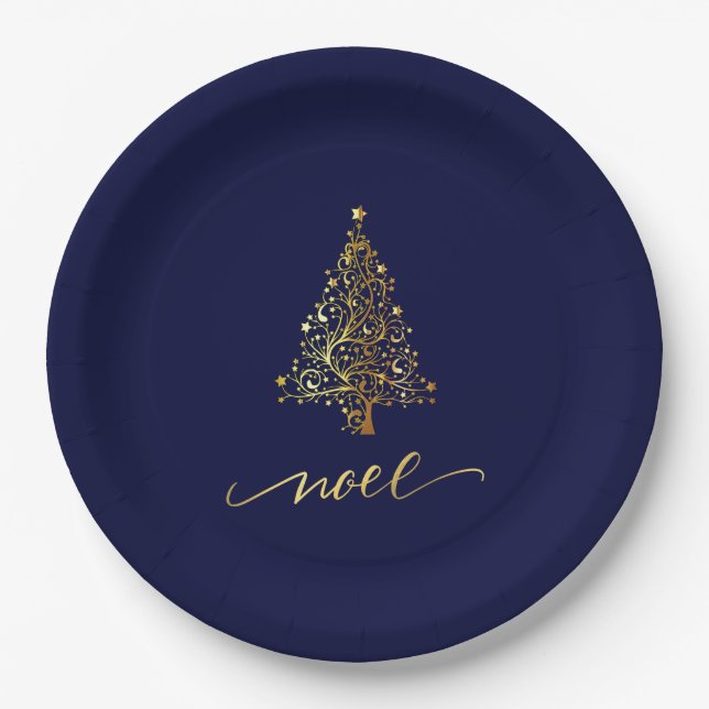 Elegantes Dark Navy Blue & Gold Weihnachtsbaum Wei Pappteller (Vorderseite)