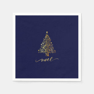 Elegantes Dark Navy Blue & Gold Weihnachtsbaum Wei Serviette