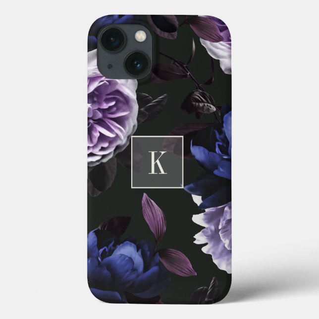 Elegantes Dark Violet Floral Monogramm Case-Mate iPhone Hülle (Rückseite)