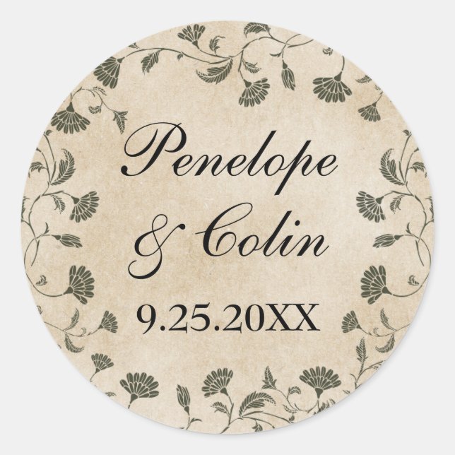 Elegantes Datum Vintag Chic Name Runder Aufkleber (Vorderseite)