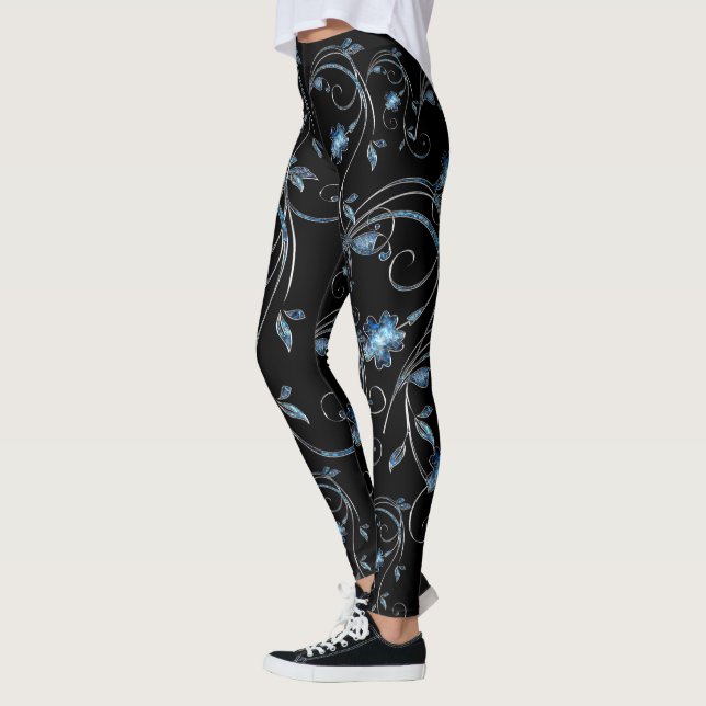 Elegantes Dekoratives Blumenmuster Muster Blauer B Leggings (Links)