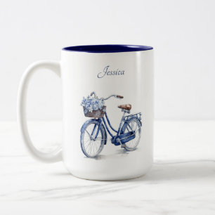 Elegantes Delft-Blau-Blumen-Fahrrad personalisiert Zweifarbige Tasse