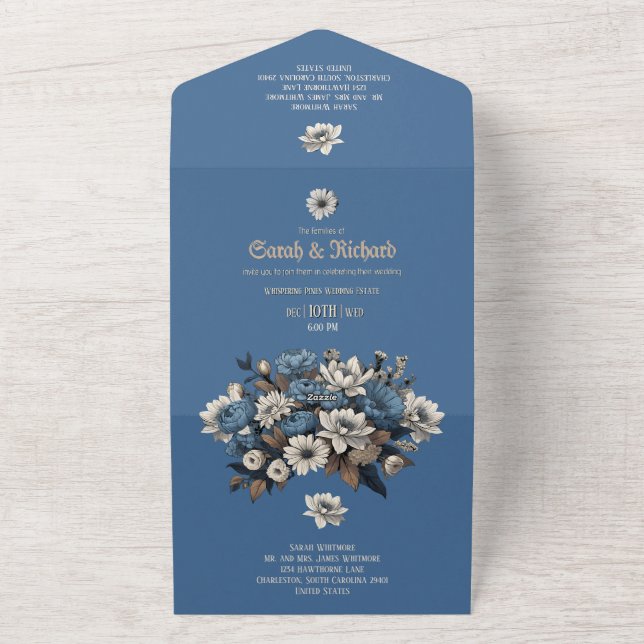 Elegantes Denim & Navy Foto Custom Wedding All In One Einladung (Außenbereich)