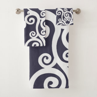 Elegantes Design, Blumenmuster, marineblau, weiß Badhandtuch Set