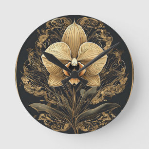 Elegantes Design der goldenen Orchidee Runde Wanduhr