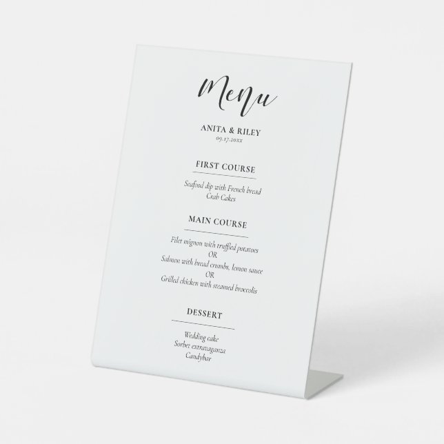 Elegantes Design Hochzeitsmenü Sockelschild (Vorderseite)