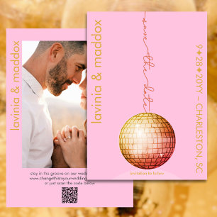 Elegantes Disco Ball Foto Pink Gold QR Code Hochze Save The Date