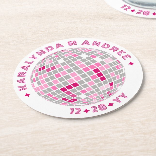 Elegantes Disco Ball Rosa Runder Pappuntersetzer (Angewinkelt)