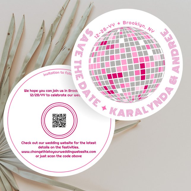 Elegantes Disco Ball Rosa Save The Date (Round disco ball save the date with pink and red accents.)