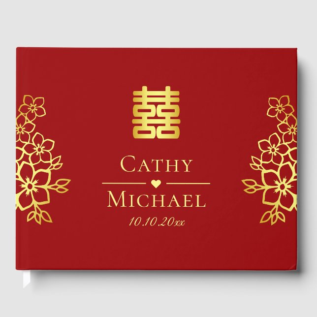 Elegantes doppeltes Glück Chinesische Hochzeit mit Gästebuch (Vorderseite)