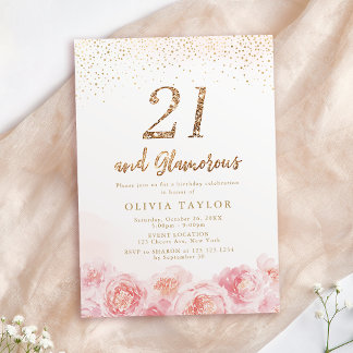 Elegantes Drehbuch Gold & Blütenblüte 21. Geburtst Einladung