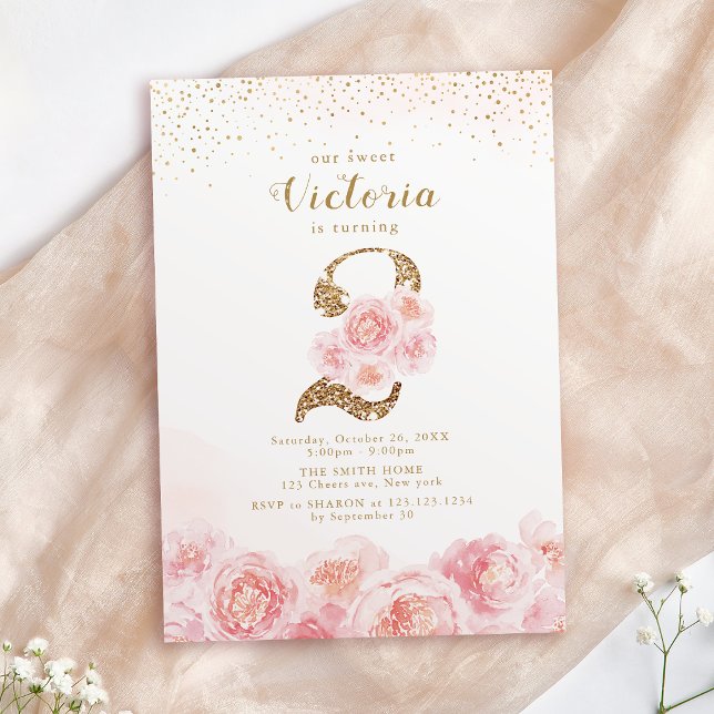 Elegantes Drehbuch Gold & Blütenblüte 2. Einladung (Elegant script gold & blush floral 2nd birthday in invitation)