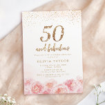 Elegantes Drehbuch Gold & Blütenblüte 50. Geburtst Einladung<br><div class="desc">Modernes,  schicke "50 und fabelhafte" Drehbuch,  trendige Imitate Gold Glitzer und rot rosa Aquarell Blumendesign,  elegant und stilvoll,  großartige 50. Geburtstagsparty Einladungen.</div>