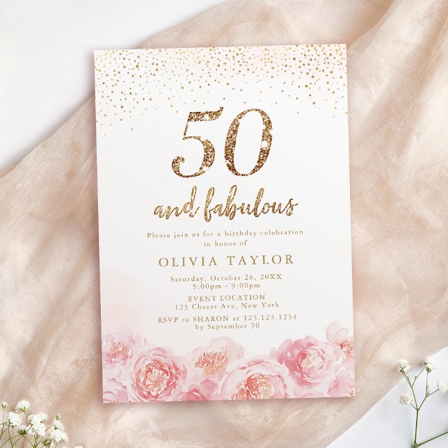 Elegantes Drehbuch Gold & Blütenblüte 50. Geburtst Einladung (Elegant script gold & blush floral 50th birthday invitation)