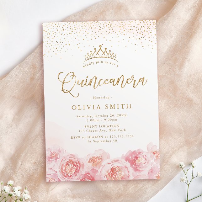 Elegantes Drehbuch Gold & Blütenblüte Quinceanera Einladung (Elegant script gold & blush floral Quinceanera Invitation)