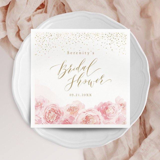 Elegantes Drehgold & blütenfarbenes Brautparty Serviette (Elegant script gold & blush floral bridal shower napkins)