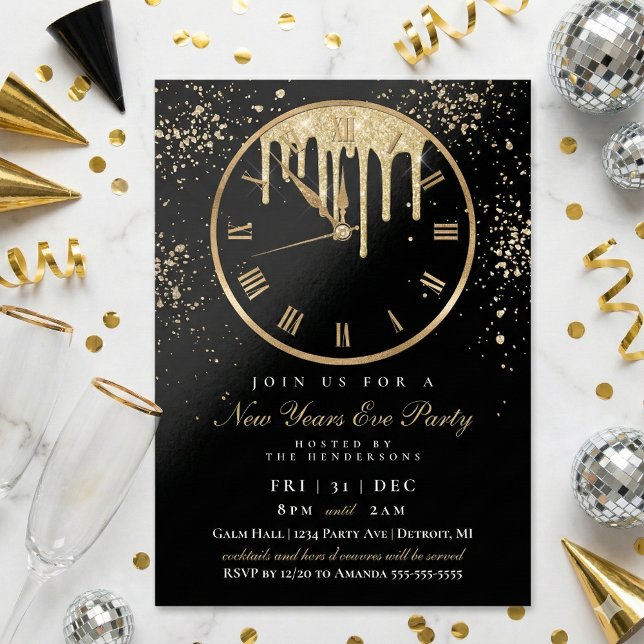 Elegantes Dripping Clock Silvester Party Einladung (Elegant and Modern New Years Eve Party Clock Invitation)