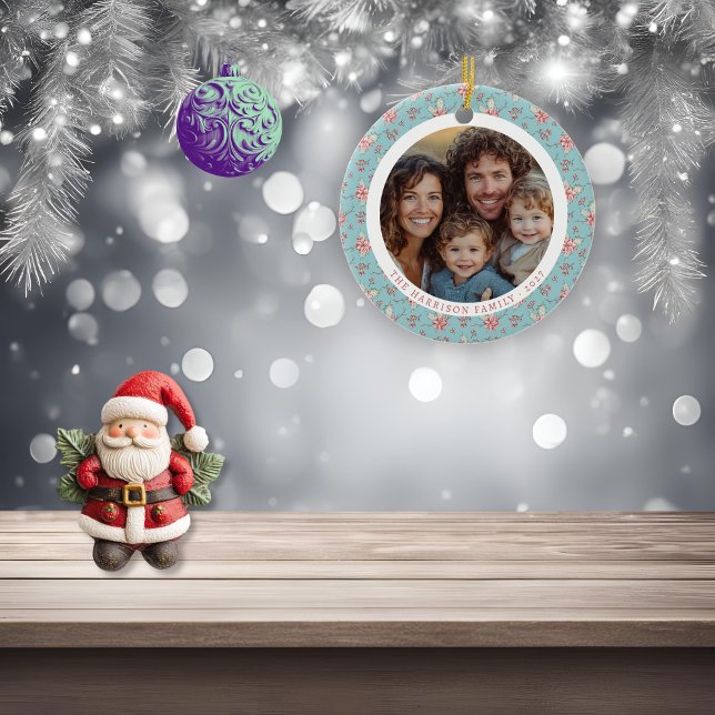 Elegantes Duck Egg Holly Weihnachts-Foto Keramik Ornament (elegant duck egg blue holly photo hanging decoration)