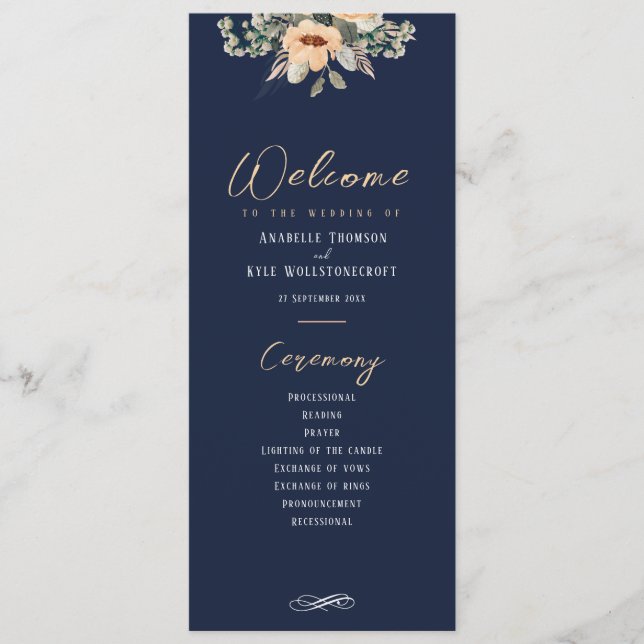 Elegantes, dunkelblau blühendes Hochzeitsprogramm Programm (Vorderseite)