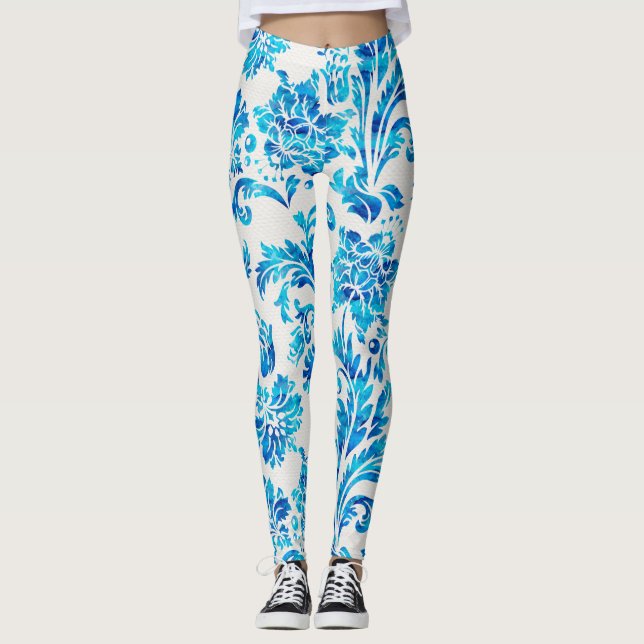 Elegantes Dunkelblau Damask Muster Leggings (Vorderseite)