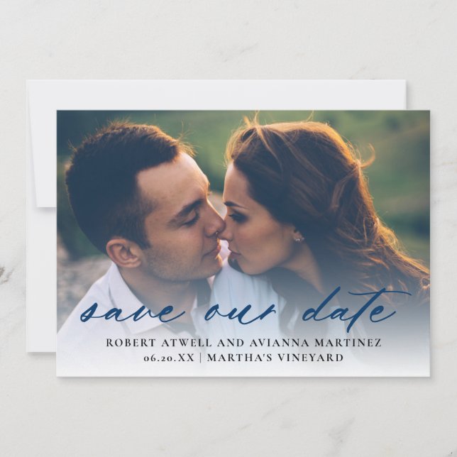 Elegantes Dunkelblauer Text Foto Hochzeit Save The Date (Vorderseite)