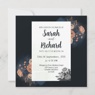 Elegantes dunkelblaues florales Design mit Pfirsic Einladung