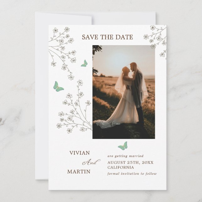Elegantes Dunkelgoldenschmetterling-Foto Save The Date (Vorderseite)