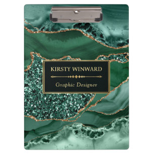 Elegantes Dunkelgrün und Gold Glitzer Ocean Agate Klemmbrett