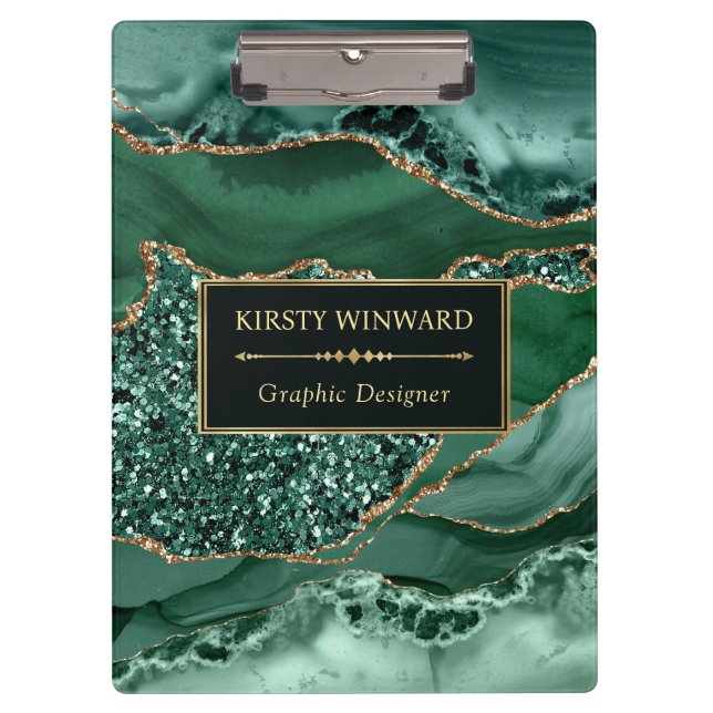 Elegantes Dunkelgrün und Gold Glitzer Ocean Agate Klemmbrett (Vorderseite)