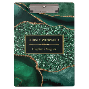 Elegantes Dunkelgrün und Gold Glitzer Ocean Agate Klemmbrett