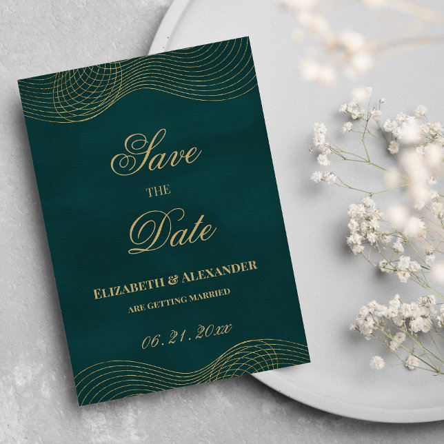 Elegantes, dunkelgrünes Gold, geometrisch Save the Einladung (Elegant dark green gold geometric Save the Date )