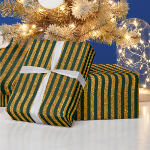 Elegantes, dunkelgrünes, goldfarbenes Glitzer-Stri Geschenkpapier