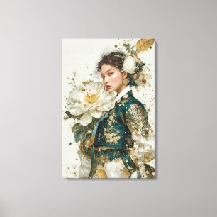 Elegantes dunkelgrünes Hanbok und weiße Pfingstros Leinwanddruck