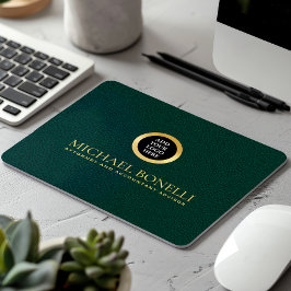 Elegantes, dunkelgrünes Leder Luxus Gold RUND Logo Mousepad
