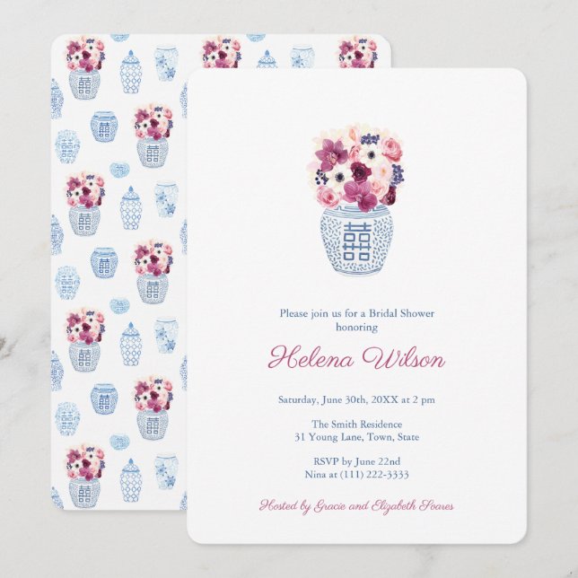 Elegantes dunkelrosa Rosen- und OrchideenBrautpart Einladung (Vorne/Hinten)