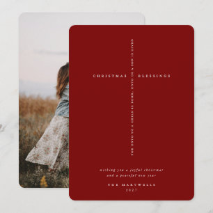 Elegantes dunkelrotes Schriftzug-Kreuz-Foto Feiertagskarte