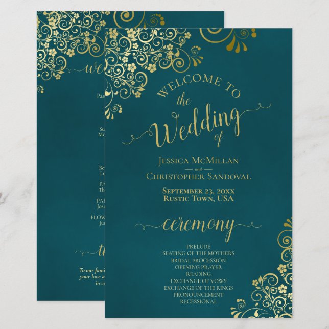 Elegantes dunkeltes Grün- & Gold-Hochzeitsprogramm (Vorne/Hinten)