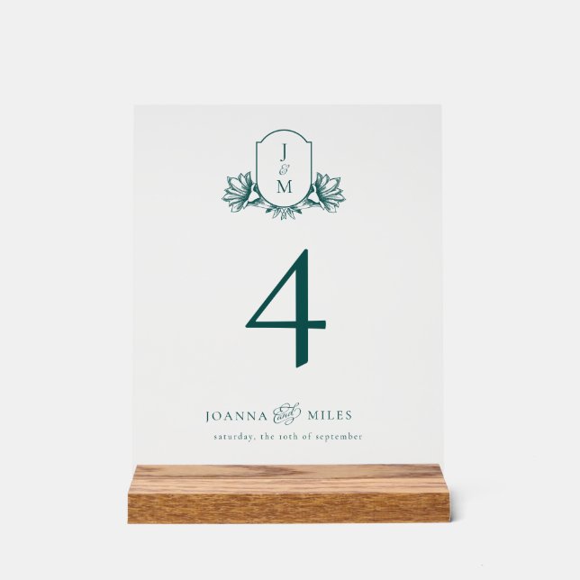 Elegantes dunkles Aquamarines botanisches Monogram Acrylschild (Vorderseite)