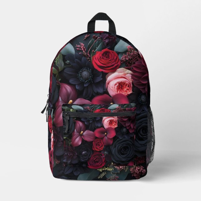 Elegantes dunkles Blumenarrangement mit Rose Bedruckter Rucksack (Vorderseite)