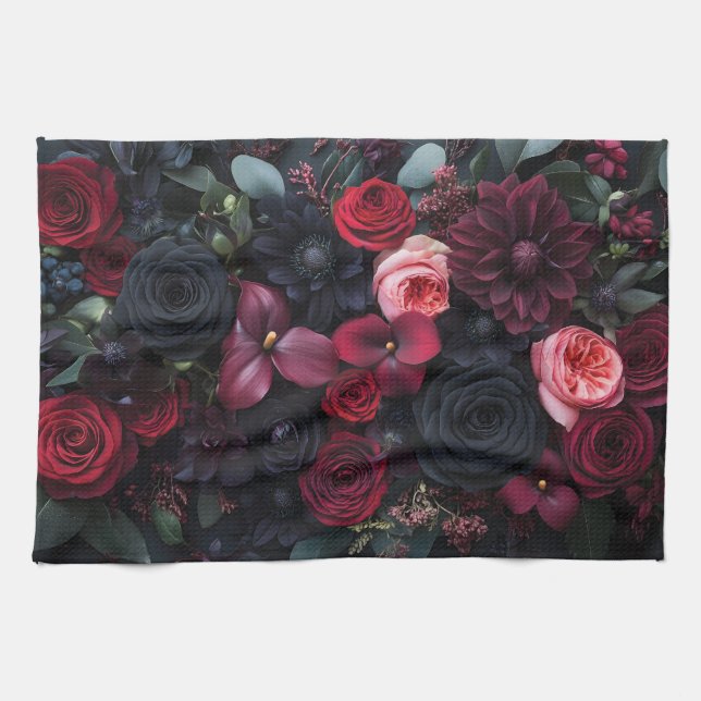 Elegantes dunkles Blumenarrangement mit Rose Geschirrtuch (Horizontal)