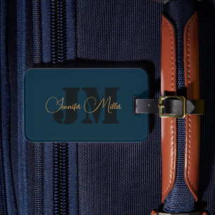 Elegantes dunkles Denim-Blau-Monogramm-Design Gepäckanhänger