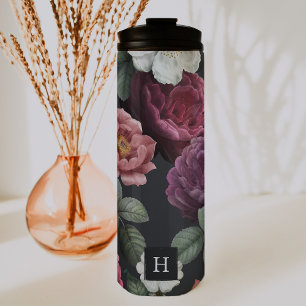 Elegantes dunkles Floral auf Schwarz   Monogramm T Thermosbecher