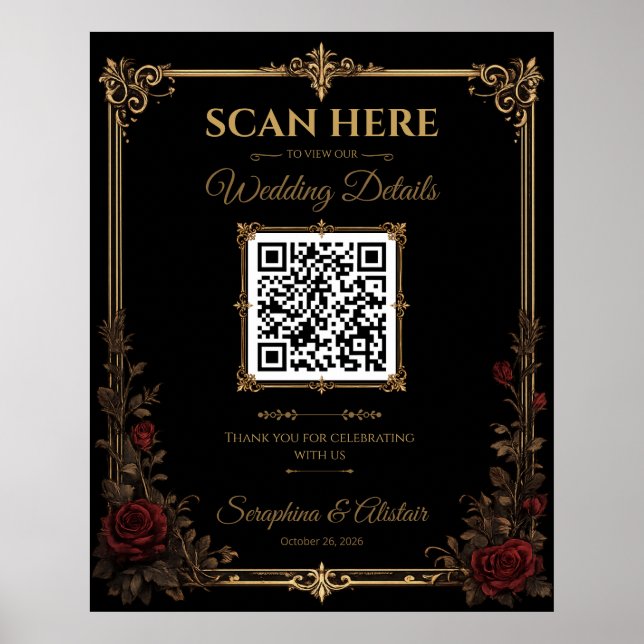 Elegantes dunkles gothisches Hochzeits-QR-Code-Sch Poster (Vorne)