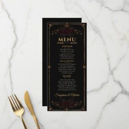 Elegantes dunkles gotisches Hochzeitsmenü Menükarte