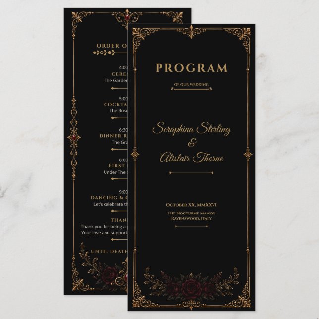 Elegantes dunkles gotisches Hochzeitsprogramm Programm (Vorne/Hinten)