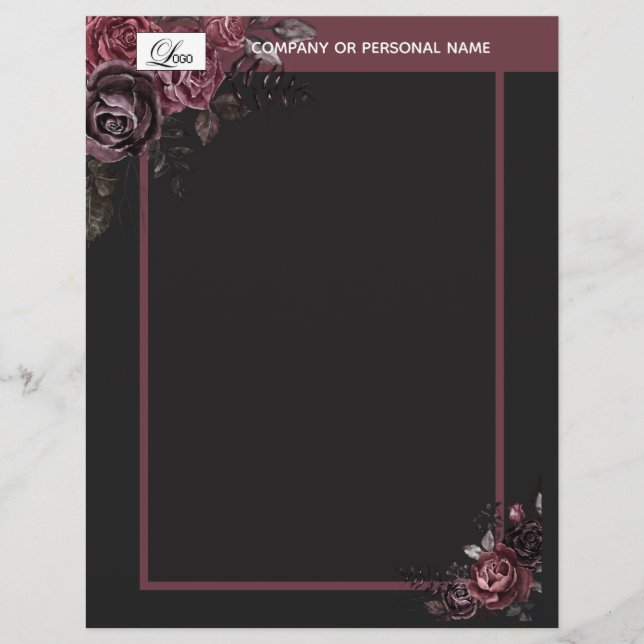 Elegantes dunkles schwarzes romantisches Rosen-Blu Briefbogen (Vorderseite)