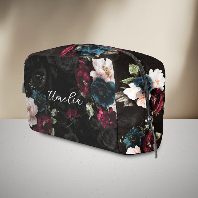 Elegantes dunkles Türkis-Rot-Blumen-Monogramm Waschbeutel (Von Creator hochgeladen)