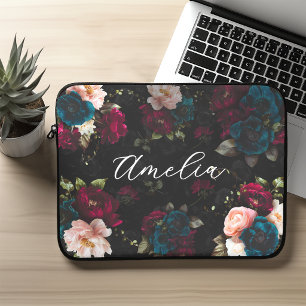 Elegantes dunkles Türkis-Rot-Blüten-Monogramm Laptopschutzhülle