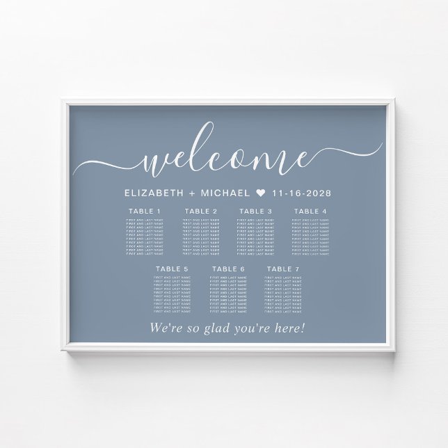 Elegantes Dusty Blue 7 Table Wedding Chart Poster (Von Creator hochgeladen)
